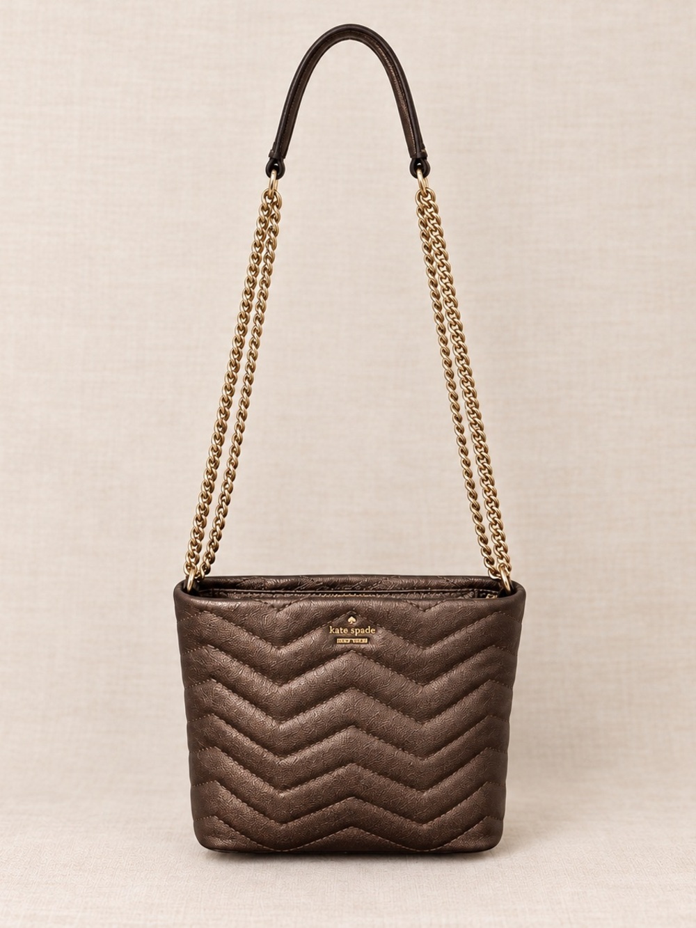 kate spade metallic bronze quilted shoulder bag with gold chain strap